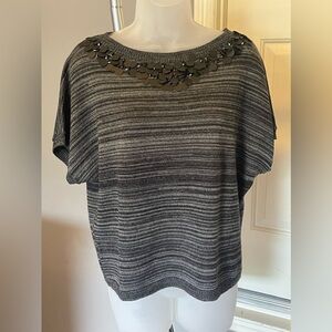 LOFT Sequined Black & Grey Striped Short Sleeve Sweater Sz S